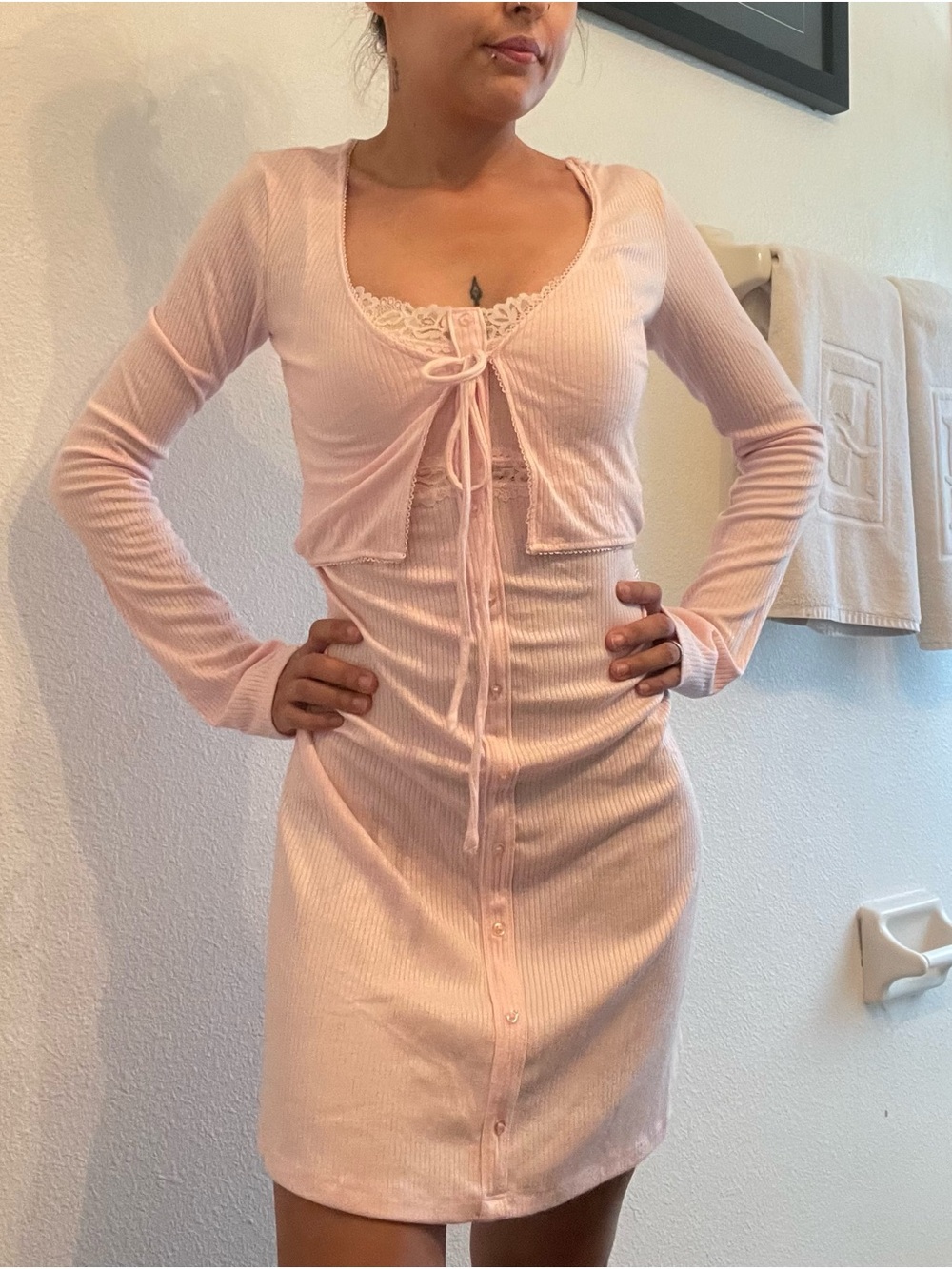 XXS 2 Piece Pink Ribbed Sleep Shirt Gown & Cover Up Sweater (Wild Fable)